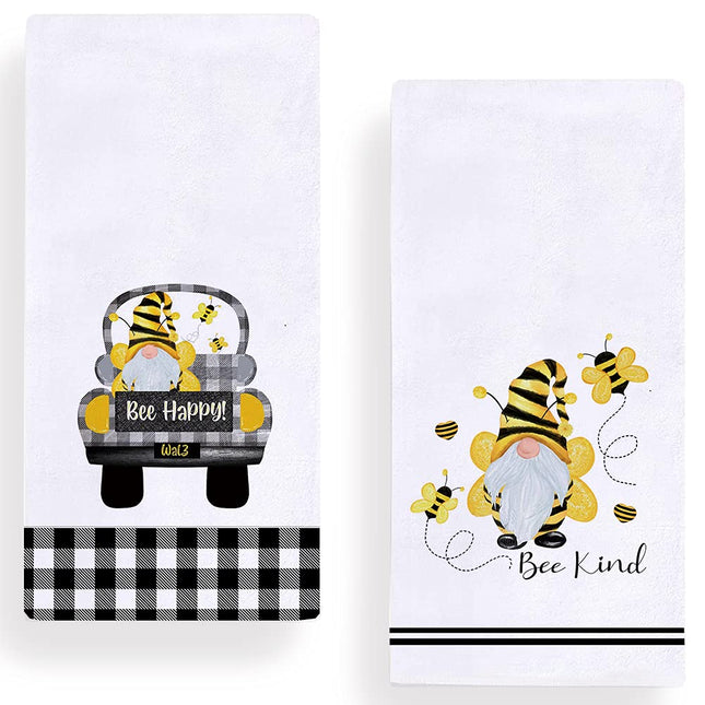 Secarond Set of 2 Buffalo Plaid Bee Gnome Kitchen Dish Towel 18 x 28 Inch, Seasonal Spring Summer Bee Happy Tea Towels Dish Cloth for Cooking Baking