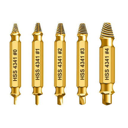 HSS 4341 Damaged Screw Extractor Set, 5-Piece Double-Ended Drill Bits for Stripped Screws and Bolts, 2-14mm Range, Gold Titanium