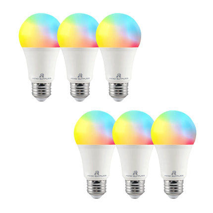 Reno 6-Pack A19, 8W, RGBW Color Changing Light Bulbs with App Control, 800 LM, Voice Control, Works with Google Assistant, 2.4G WiFi