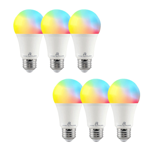 Reno 6-Pack A19, 8W, RGBW Color Changing Light Bulbs with App Control, 800 LM, Voice Control, Works with Google Assistant, 2.4G WiFi