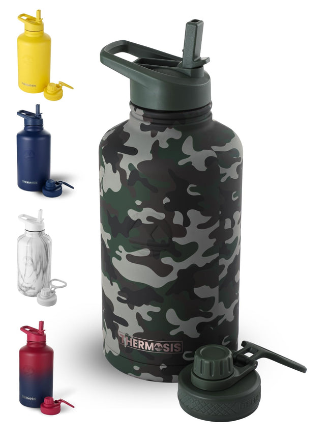 Thermosis 64oz Insulated Water Bottle With Wide Mouth Opening & 2 Lids, Camo