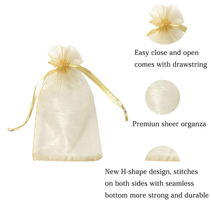 Pimuza 100pcs 5x7 inch Gifts Wrap Bags Gold, Organza Sheer Fabric Bulk, Drawstring