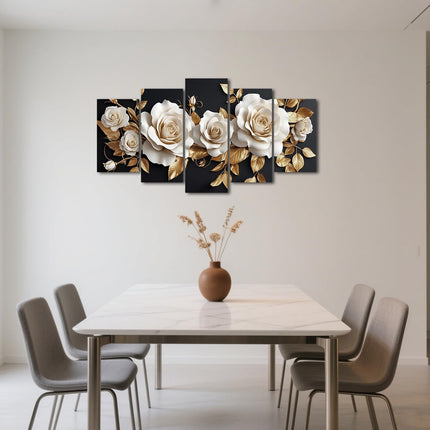 LZIMU White and Gold Flower Canvas Wall Art 5 Pieces White Rose Gold Leaf Pictures Large Elegant Floral Painting Abstract Blooming Flowers Print Home Decor Framed (8x14inx2 8x18inx2 8x22inx1)