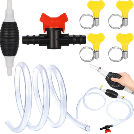 Guiqulai Siphon Pump Kit of 7 Pcs, Fuel Transfer Pump for Gasoline Gas Fluid Fuel Fish Tank, Manual Hand Pump with 2 M Siphon Hose Airbag, Stop Valve, Hose Fastener