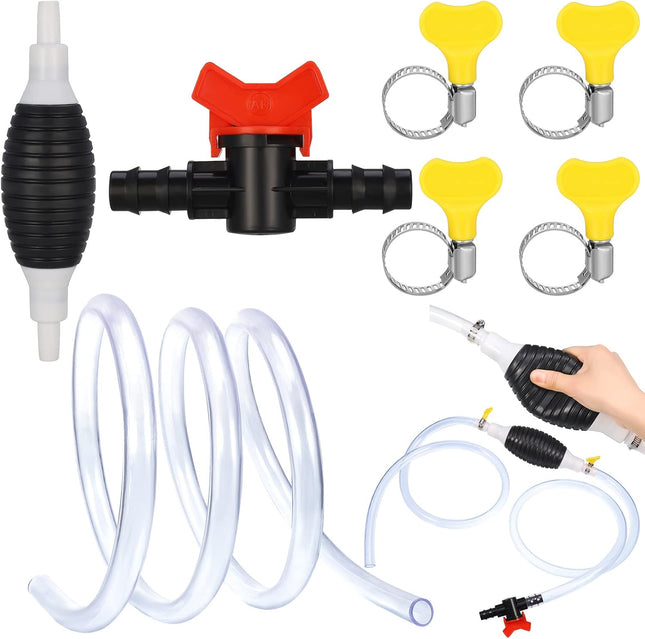 Guiqulai Siphon Pump Kit of 7 Pcs, Fuel Transfer Pump for Gasoline Gas Fluid Fuel Fish Tank, Manual Hand Pump with 2 M Siphon Hose Airbag, Stop Valve, Hose Fastener