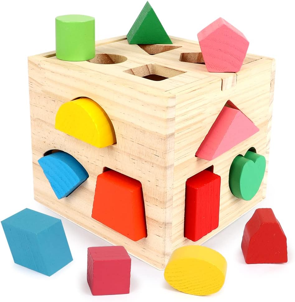 Aomola Wooden Shape Sorting Cube Toys with 13 Colorful Wood Geometric Shape Blocks and Sorter Box,Learning Matching Game for Toddlers,Preschool Educational Learning Toy for Kids T93