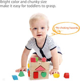 Aomola Wooden Shape Sorting Cube Toys with 13 Colorful Wood Geometric Shape Blocks and Sorter Box,Learning Matching Game for Toddlers,Preschool Educational Learning Toy for Kids T93