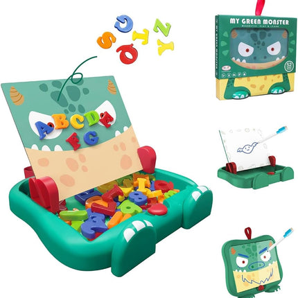 Aomola My Green Monster Kids Easel for Toddler with Magnetic Letters&Numbers Drawing Board Refrigerator Magnets, Educational Learning Toys Gifts for Boys Girls