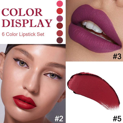 MIRSIST 6 Pcs Long Lasting Waterproof Moisturizing Nude Pink Dark Red Purple Wine Red Plum Matte Lipstick Gift Set