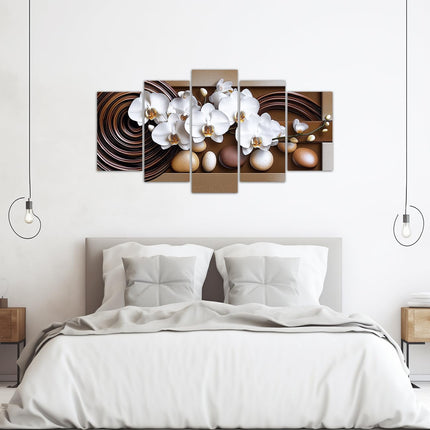 LZIMU Large Flowers Canvas Wall Art 5 Pieces White Orchid Picture Prints Abstract Floral Painting Framed Artwork for Home Bathroom Decor (Brown, 8"x14"x2 8"x18"x2 8"x22"x1)