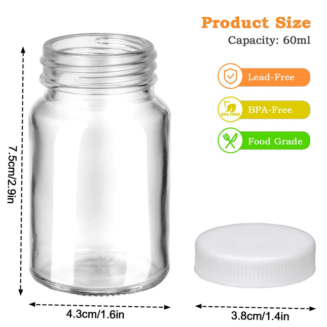 TranRantic 10 Pack 2oz Wide Mouth Glass Shot Bottles with Lids, White
