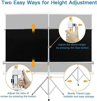 PERLESMITH Projector Screen with Tripod Stand 100 Inch - Height Adjustable Projector Stand 4K 3D HD 4:3 - Portable Projection Screen Indoor, Outdoor, Home Theater, Office, Movies Foldable Stand