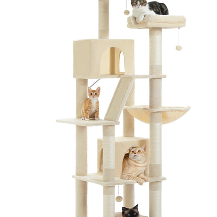 PEQULTI 70.9" Large Cat Tree for Indoor Cats,180cm Tall Cat Tree for Large Cats, Multi-Level Plush Cat Tower with 6 Scratching Posts, 2 Cat Condos, 2 Perches, Hammock, Pompoms, Cream #C2