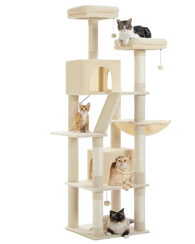 PEQULTI 70.9" Large Cat Tree for Indoor Cats,180cm Tall Cat Tree for Large Cats, Multi-Level Plush Cat Tower with 6 Scratching Posts, 2 Cat Condos, 2 Perches, Hammock, Pompoms, Cream #C2