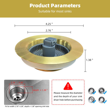 Hibbent 2 Pack Stainless Steel 3-in-1 Sink Drain Strainer and Stopper Combo, Metal Pop Up, 3 Anti-Clogging with Handle 3-1/2" Drain, Brushed Gold