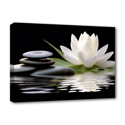 LZIMU Zen Canvas Wall Art White Lotus and Black Zen Stones Bloom in Water Picture Prints for Yoga Spa Meditation Spiritual Room Bathroom Decor (Zen-1, 20"x30")