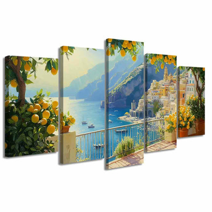 LZIMU 5Pcs Large Italy Canvas Wall Art Summer Yellow Lemon Tree Pictures Blue Italian Coastal Painting Prints Nature Seascape Poster Kitchen Home Decor (Green, (8x14inx2 8x18inx2 8x22inx1))