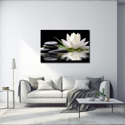 LZIMU Zen Canvas Wall Art White Lotus and Black Zen Stones Bloom in Water Picture Prints for Yoga Spa Meditation Spiritual Room Bathroom Decor (Zen-1, 20"x30")