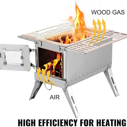 VEVOR Tent Wood Stove 18.3x15x14.17 inch, Camping Wood Stove 304 Stainless Steel with Folding Pipe, Portable Wood Stove 90.6 inch Total Height for Camping, Tent Heating, Hunting, Outdoor Cooking