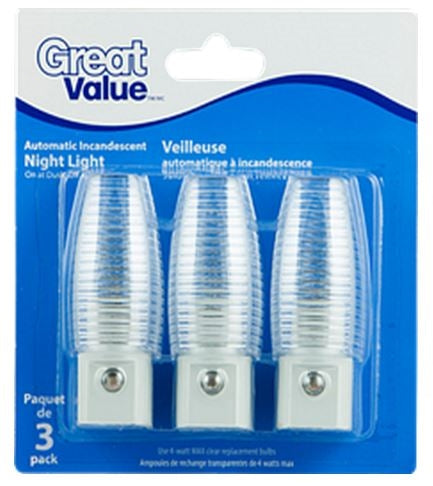 Great Value Incandescent / LED Night Light, Pack of 3