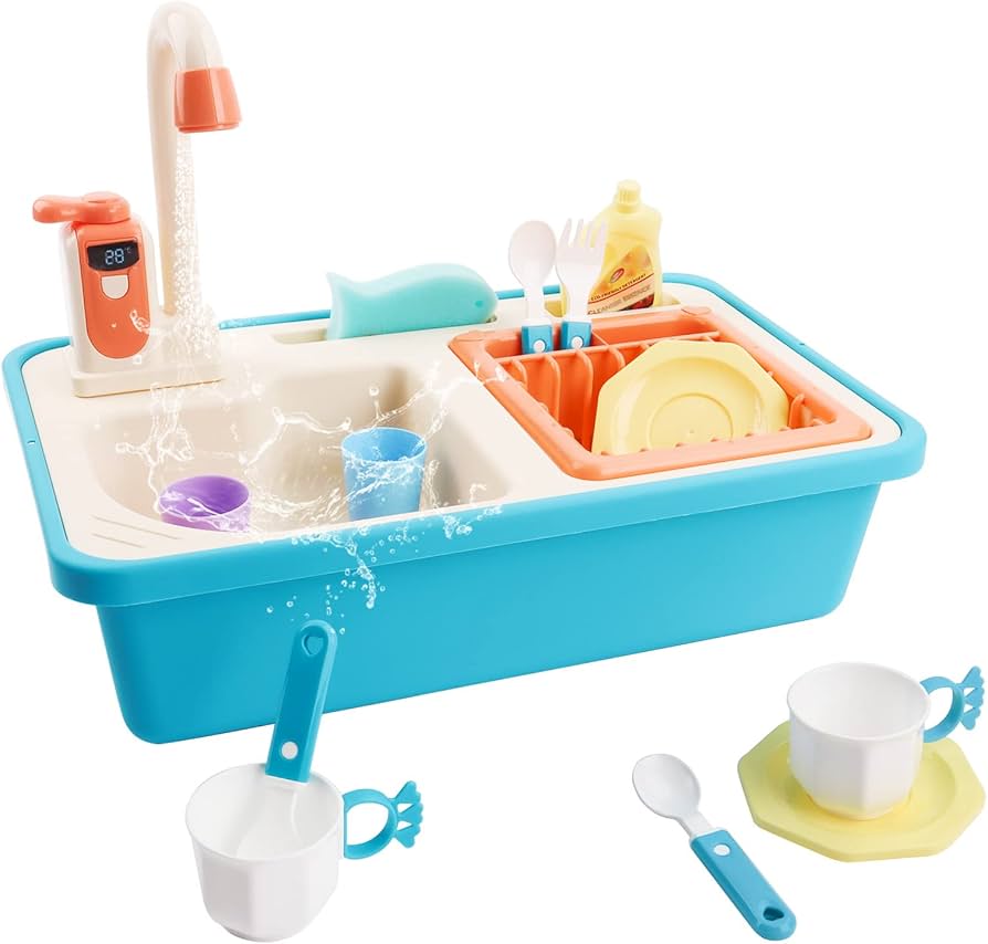Kitchen Play Sink Toys with Running Water, Electric Dishwasher Playing Toy, Pretend Toy Sink Play kitchens for Boys Girls Birthday Gifts (Blue)