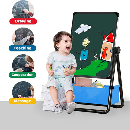 Kids Art Easel Double Sided Whiteboard &Chalkboard Height Adjustable U-Stand 360° Rotating with Early Learning Accessories (Black)