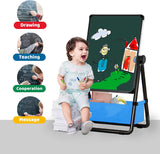 Kids Art Easel Double Sided Whiteboard &Chalkboard Height Adjustable U-Stand 360° Rotating with Early Learning Accessories (Black)
