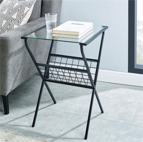 WALKER EDISON 17" MODERN METAL & GLASS SIDE TABLE W/ MAGAZINE HOLDER, BLACK