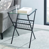 WALKER EDISON 17" MODERN METAL & GLASS SIDE TABLE W/ MAGAZINE HOLDER, BLACK