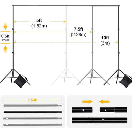 Backdrop Stand for Parties, 6.5x10ft Photo Background Support Banner Stand with 4 Spring Clamps, 2 Sandbag, 4 Backdrop Holder Clip for Parties, Baby Shower, Birthday