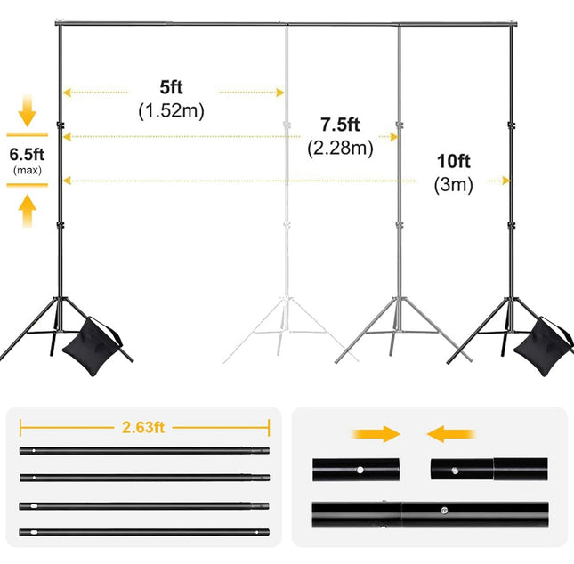 Backdrop Stand for Parties, 6.5x10ft Photo Background Support Banner Stand with 4 Spring Clamps, 2 Sandbag, 4 Backdrop Holder Clip for Parties, Baby Shower, Birthday