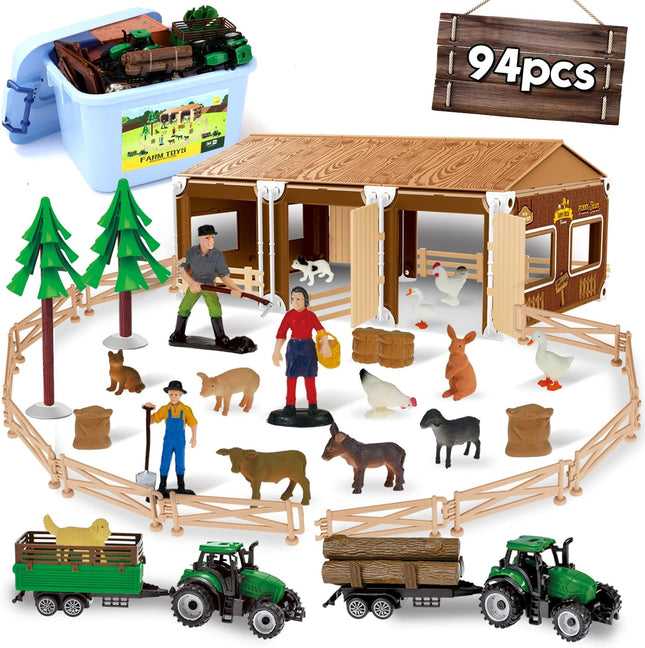 94pcs Plastic Farm Animals Figurines and Fence Farm Playset, 2 Farm Tractors with Farm Figures, Farmer Vehicle Toy Truck with Trailer for 3-12 Years Old Kids Boys Girls Toddlers