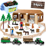 94pcs Plastic Farm Animals Figurines and Fence Farm Playset, 2 Farm Tractors with Farm Figures, Farmer Vehicle Toy Truck with Trailer for 3-12 Years Old Kids Boys Girls Toddlers