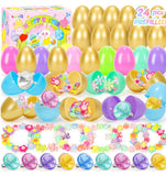 SevenQ Prefilled Easter Eggs with Bracelets Rings 24 Pack Kids Jewelry for Girls Easter Basket Stuffers Gifts for Kids Fidget Toys Fillers Princess Party Favors Classroom Treasure Box Egg Hunt Games