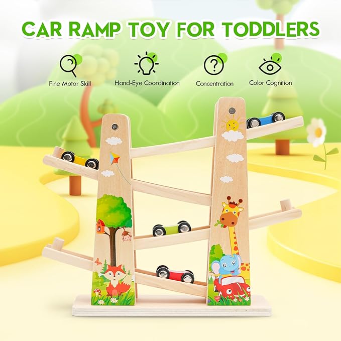 Universal Toy Car Ramp Car Ramp Toy, Wooden Car Ramp Toy with 4 Mini Cars, Fine Motor Skill ...
