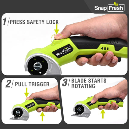 SnapFresh 4V Cordless Electric Scissors-Rechargeable Rotary Box Cutter w/ 2.0Ah Battery, 2 Self-Sharpening Blades, 285RPM,LED & Safety Lock, Carpet Cutter Tool for Cardboard, Fabric, Leather, Plastic