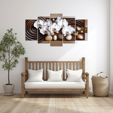 LZIMU Large Flowers Canvas Wall Art 5 Pieces White Orchid Picture Prints Abstract Floral Painting Framed Artwork for Home Bathroom Decor (Brown, 8"x14"x2 8"x18"x2 8"x22"x1)