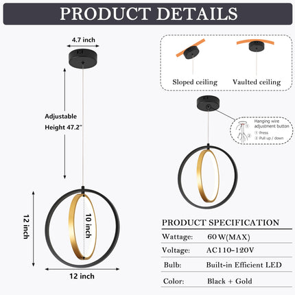 AyshwillDec Modern Led Ring Chandelier Black and Gold Pendant Light