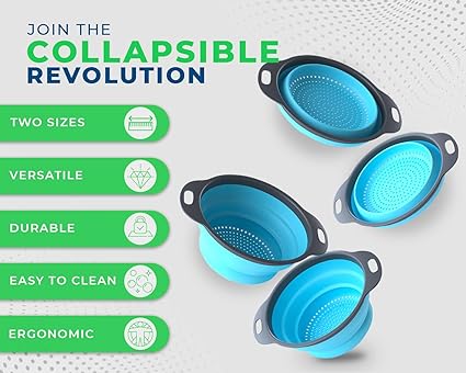 Colander Set - 2 Collapsible Colanders (Strainers) Set by Comfify - Includes 2 Folding Strainers Sizes 8" - 2 Quart and 9.5" - 3 Quart Red or Blue