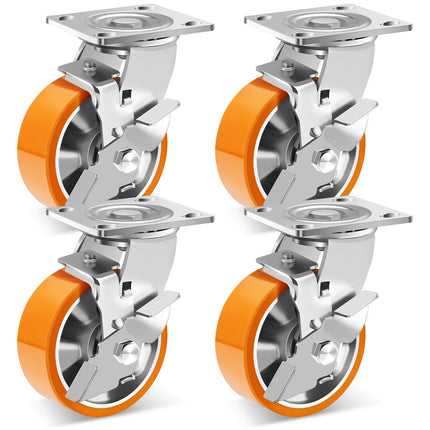 W B D WEIBIDA 5 Inch Heavy Duty Casters Set of 4, Industrial Grade Casters Wheels with Brake 4000 LBS, Maintenance-Free Polyurethane on Aluminum Wheels, Plate Swivel Casters Wheels for Cart, Machine