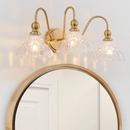 BrkNit Vintage Bathroom Light Fixtures Over Mirror, 3-Light Brass Wall Sconce Lighting with Flower Glass Shade, Farmhouse Vanity Lights for Bedroom Kitchen Living Room Hallway Light