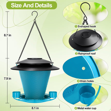 YYWMWM Solar Bird Feeder Outdoors Wild Bird Feeders Metal Mesh Bird Feeder Outside Hanging Bird Feeder 2.5 lbs Capacity Blue