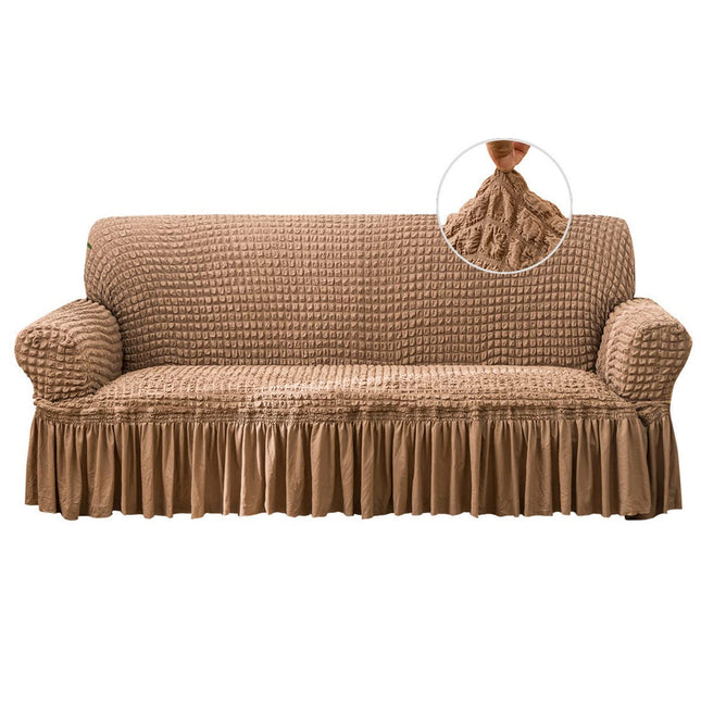 Qubjus Washable Furniture Stretch Sofa Slipcover Protector Cover with Elastic Bottom and Skirt for Kids Pets (Brown, Large)