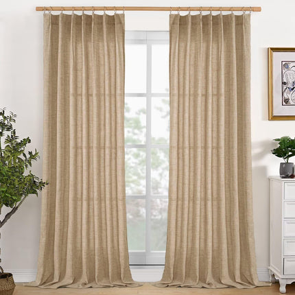 YoungsTex Pinch Pleated Curtains 90 Inches Long, Linen Curtains Back Tab Light Filtering Privacy Semi Sheer Window Curtains for Living Room Bedroom Farmhouse, Toffee, 40W X 90L, 2 Panels