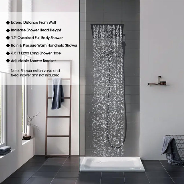 PDPBath All Metal Rain Shower Head with Handheld Built-in High Pressure Wash Mode, 12'' Rainfall Shower Head with Adjustable Z-shaped Extension Arm, Adjustable Brass Bracket, 79" Hose, Matte Black