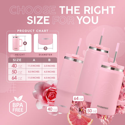 FAHRMOSIS 50 Oz Tumbler with Handle and Straw Large Insulated Tumbler Stainless Steel Travel Mug for Hot & Cold Drinks, Reusable Water Bottle with Lids and Straw - Pink