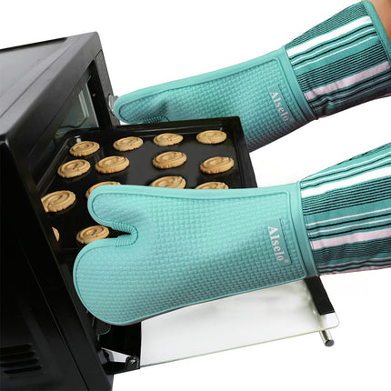 Alselo Heat Resistant 550 Degree Extra Long Silicone Oven Mitts, Teal