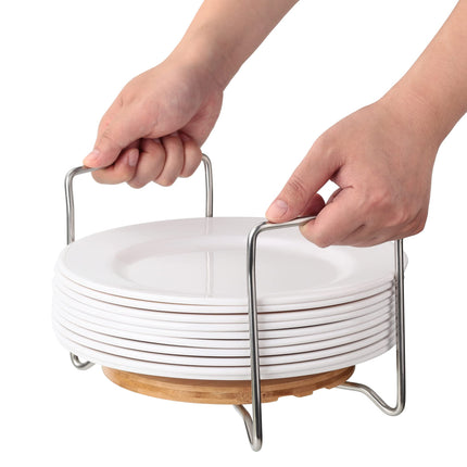 E-ROOM TREND Dish Holder SS304 2 Pack Large Round Size for 9" to 13" Plates Organizer Upgrade Thicken Bamboo Adjustable Size Easy Carried Handles Storage Rack for RV Cabinets Shelf Countertop (PH202R)