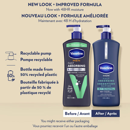 Vaseline Men 3-IN-1 Fast Absorbing Body Face & Hands Lotion, 600ml