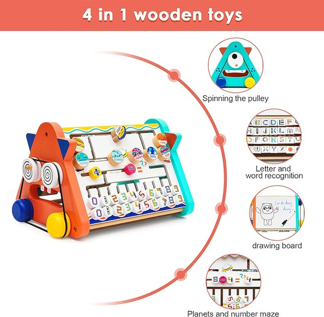 Activity Cube Wooden Toys 4-in-1,Educational Baby Toys with Alphabet Puzzle Drawing Board, Montessori Toys T124
